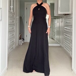 Alex Marie Black Halter Floor Length Dress with Attached Split Cape